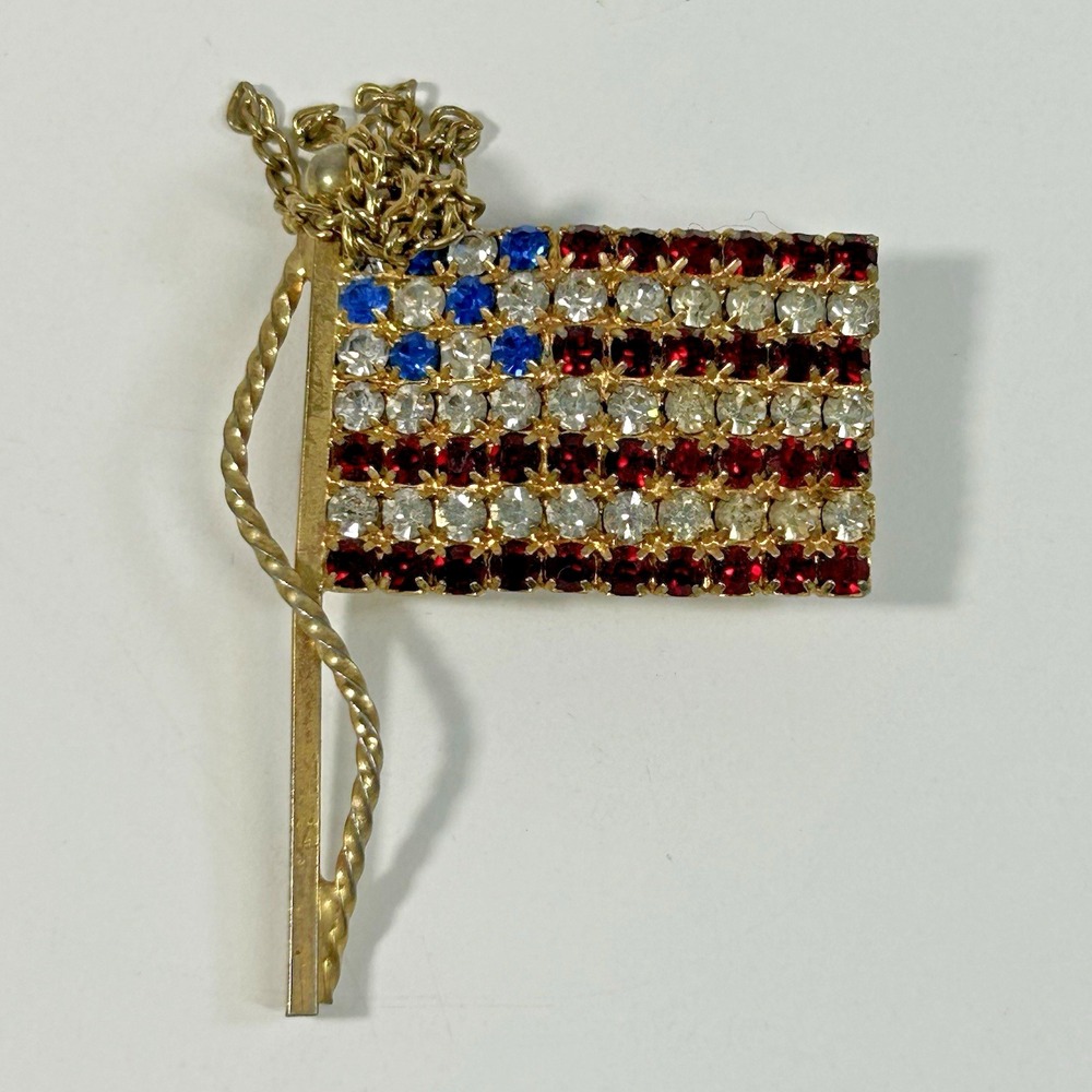 Vintage Unbranded Brooch Pin American Flag Rhinestone Chain Patriotic July 4th